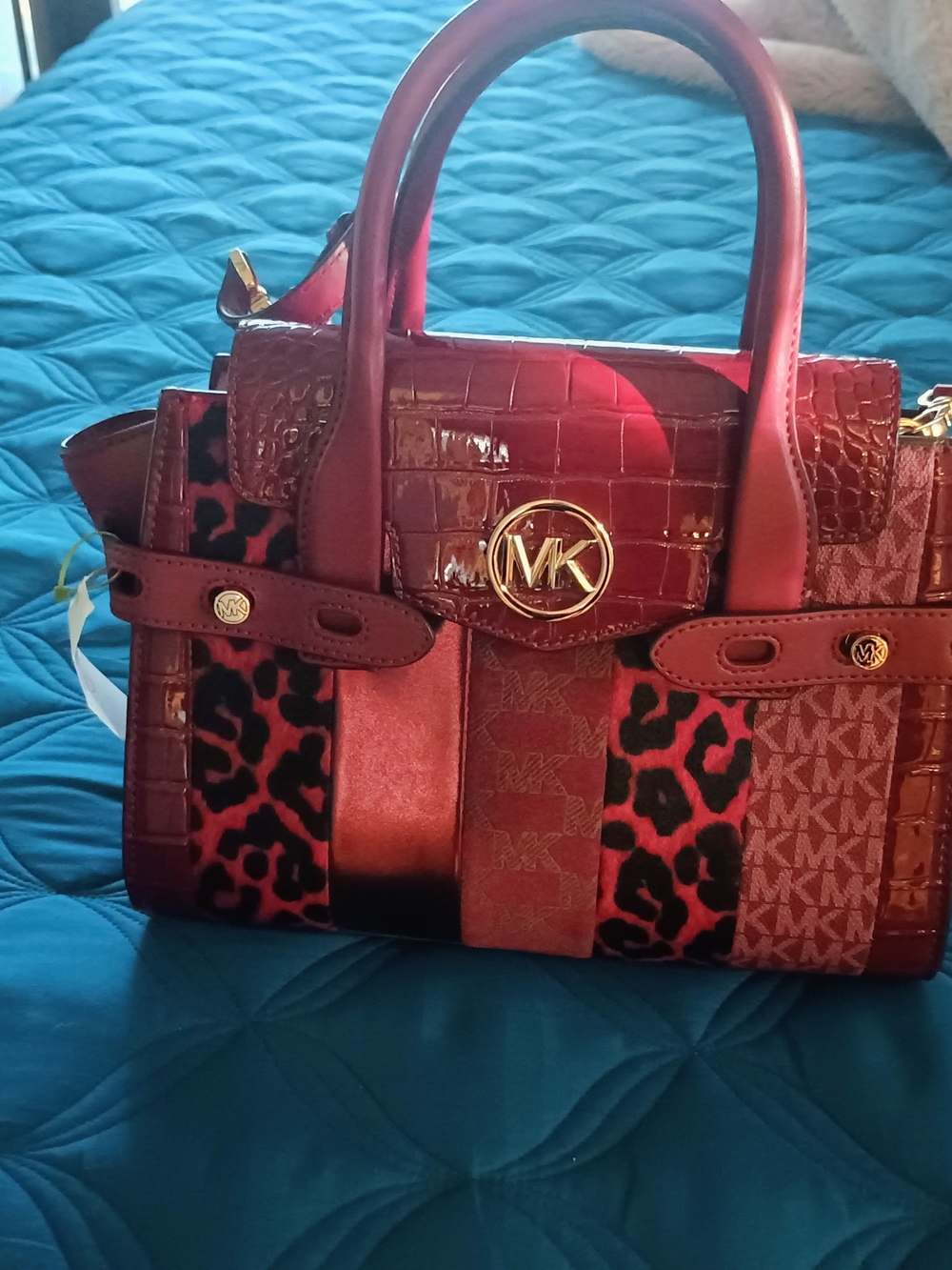 Michael Kors Red Patchwork Logo & Animal Print Satchel